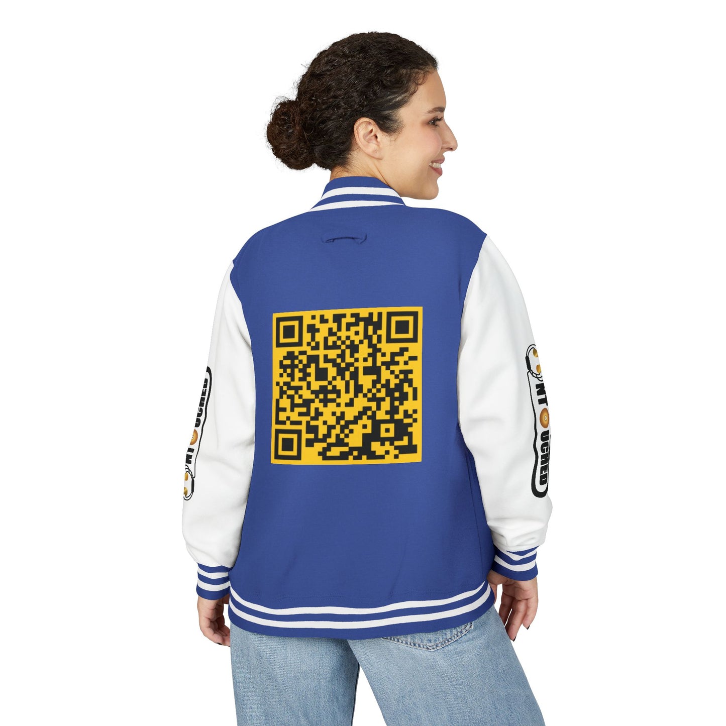 Stylish Unisex UNTOUCHED Letterman Jacket with QR Code Design
