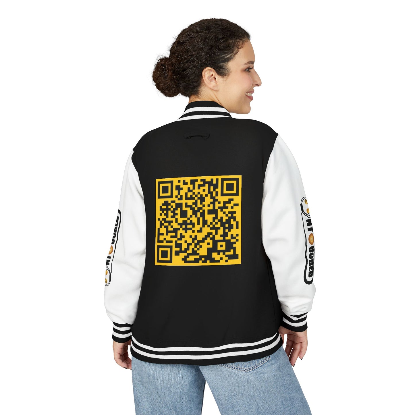 Stylish Unisex UNTOUCHED Letterman Jacket with QR Code Design