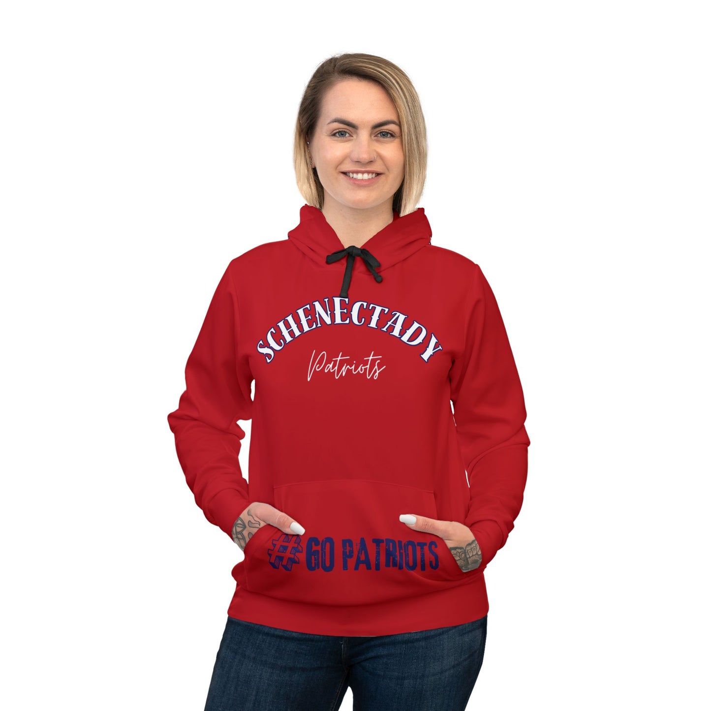 Schenectady Patriots Varsity Athletic Hoodie, Casual Red Hoodie, Sporty Sweatshirt, Team Spirit Hoodie, Gifts for Sports Fans, Comfortable Hoodie
